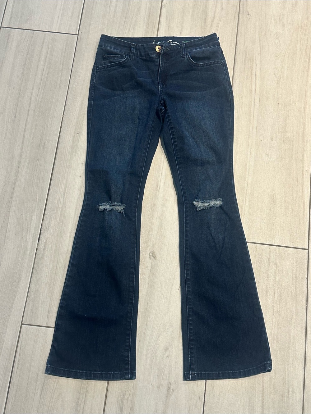 Women’s Dark Blue Flare Jeans with Knee Distress